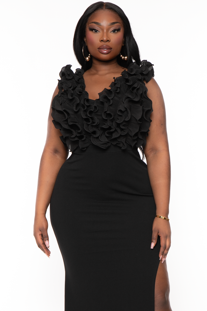 Symphony Dresses Plus Size Bethany Ruffled Top Dress- Black