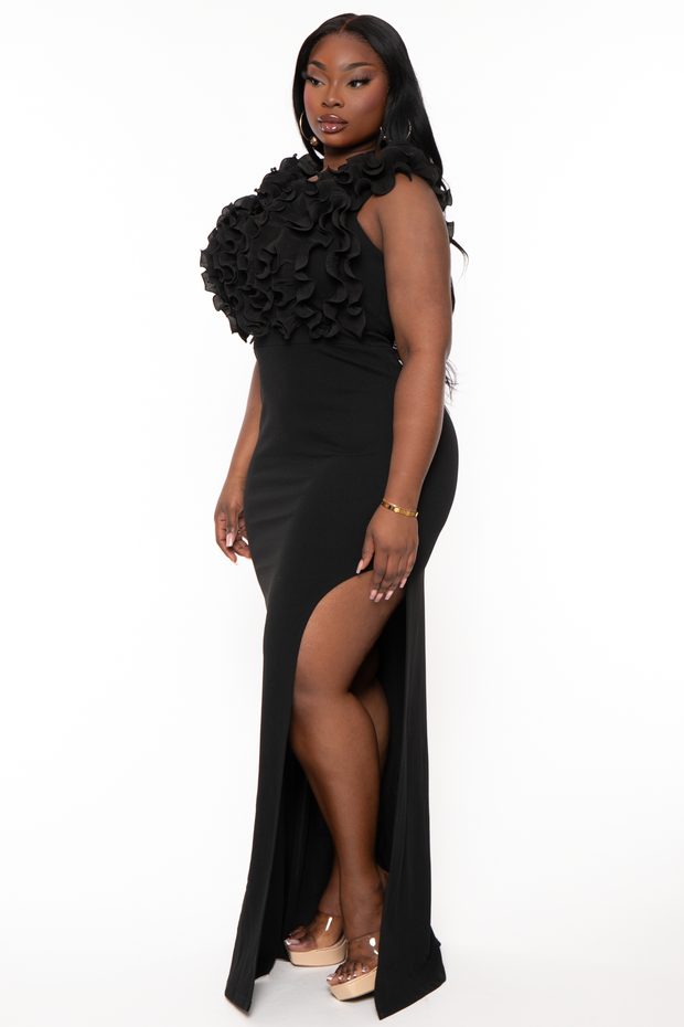 Symphony Dresses Plus Size Bethany Ruffled Top Dress- Black