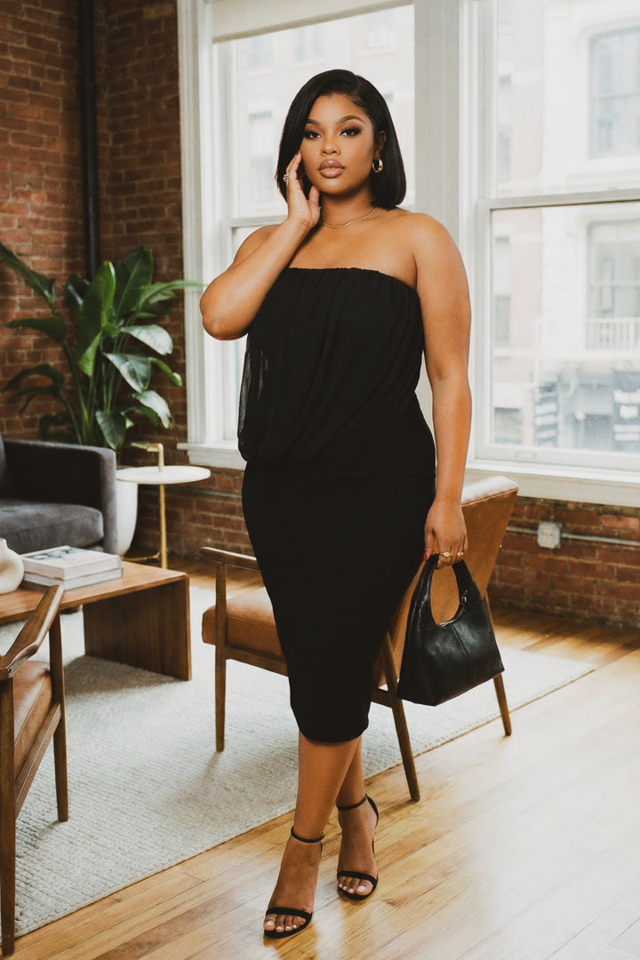 Curvy Sense Inc. Dresses Plus Size Bianca Draped Midi Dress - Black