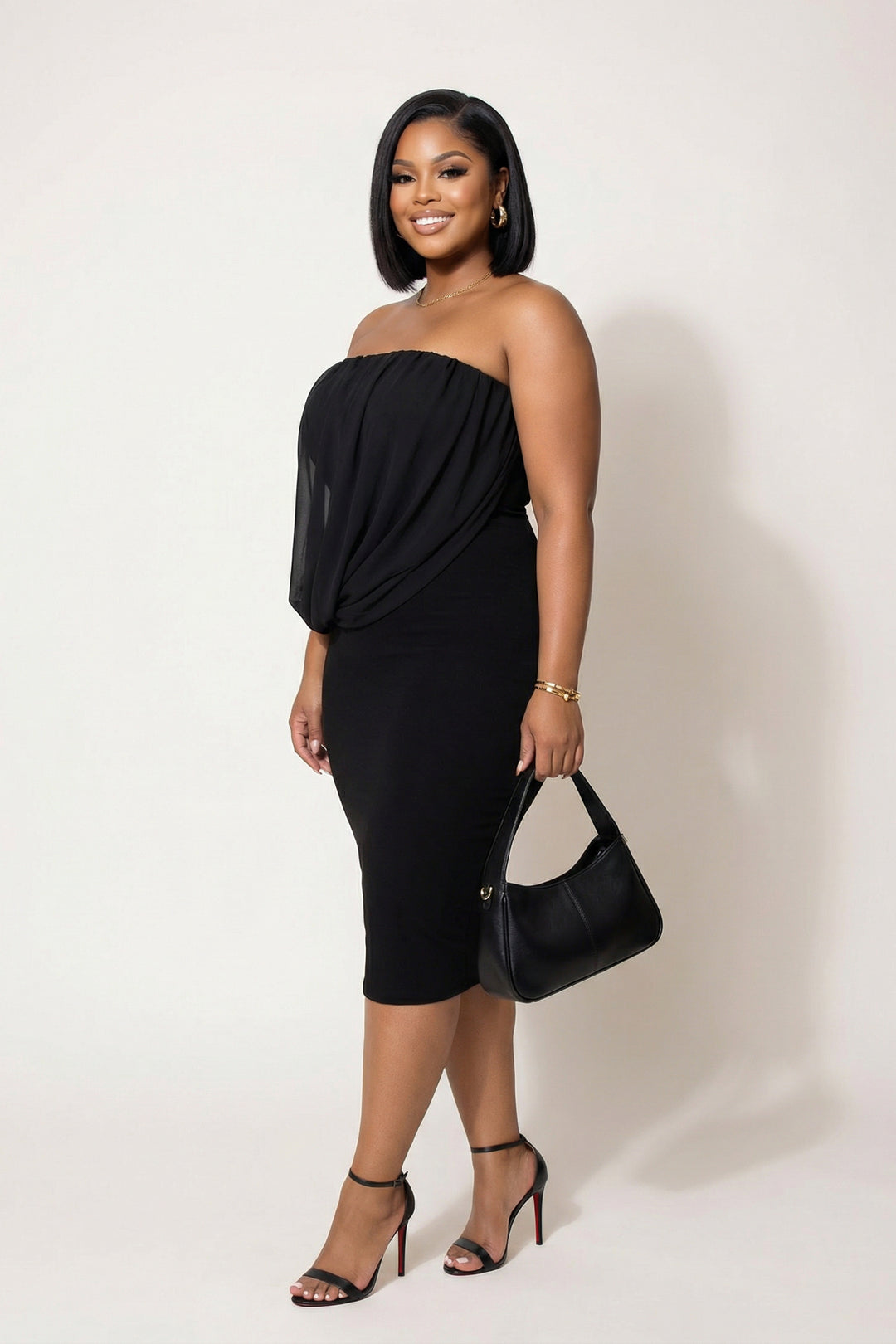 Curvy Sense Inc. Dresses Plus Size Bianca Draped Midi Dress - Black