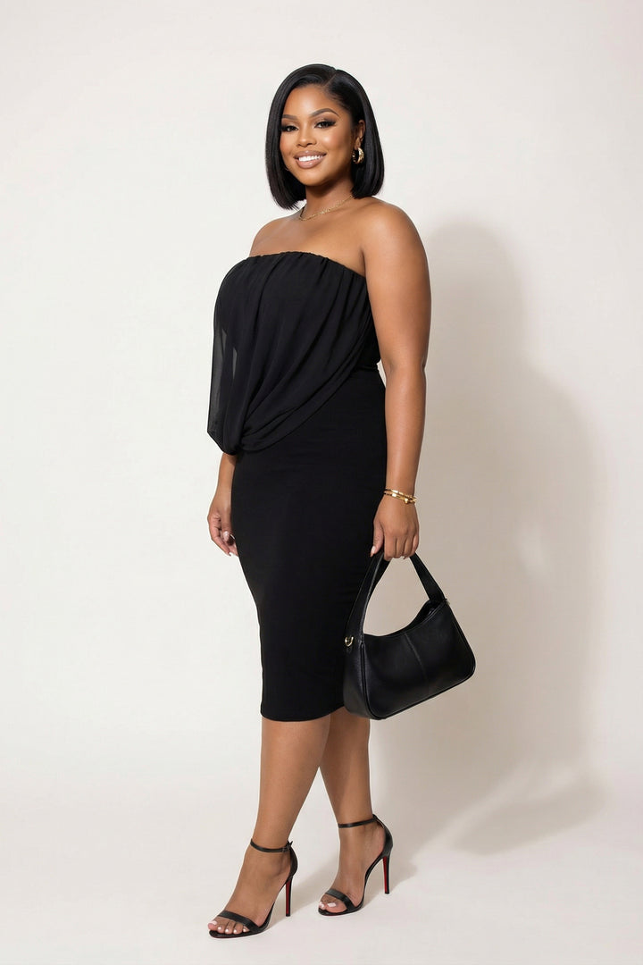 Curvy Sense Inc. Dresses Plus Size Bianca Draped Midi Dress - Black