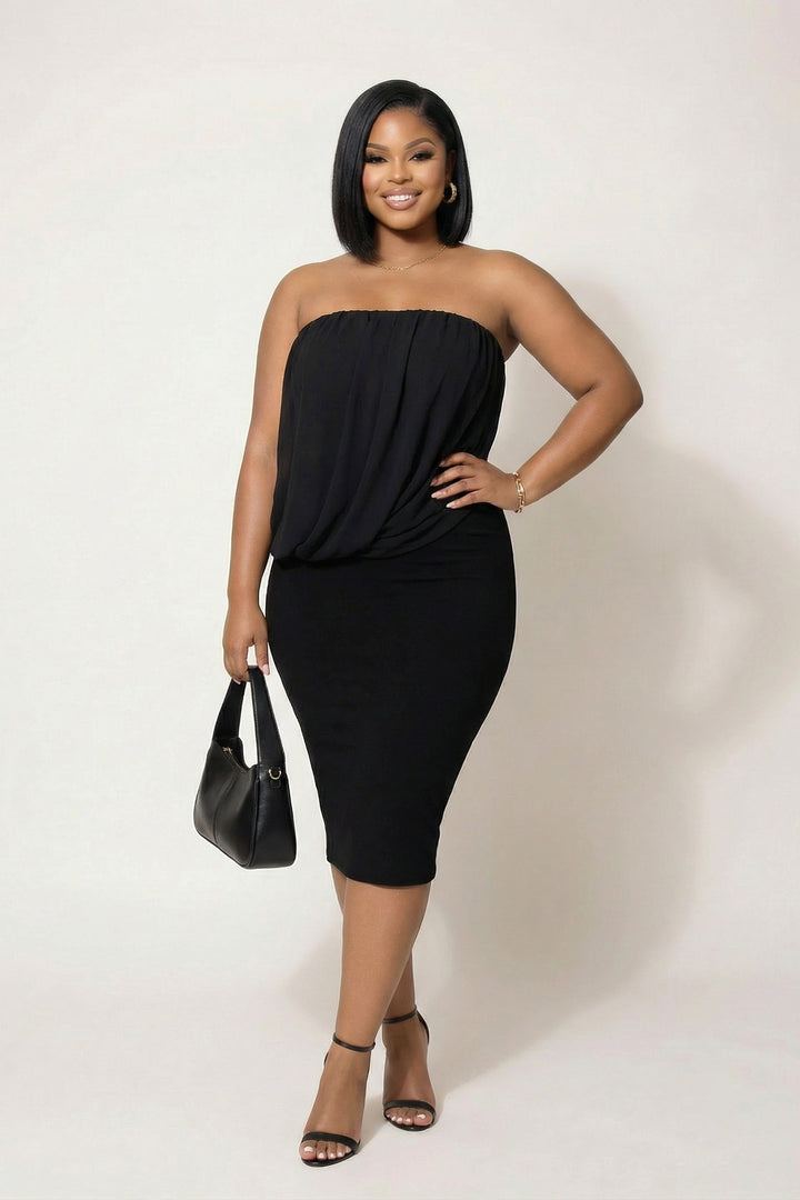 Curvy Sense Inc. Dresses Plus Size Bianca Draped Midi Dress - Black