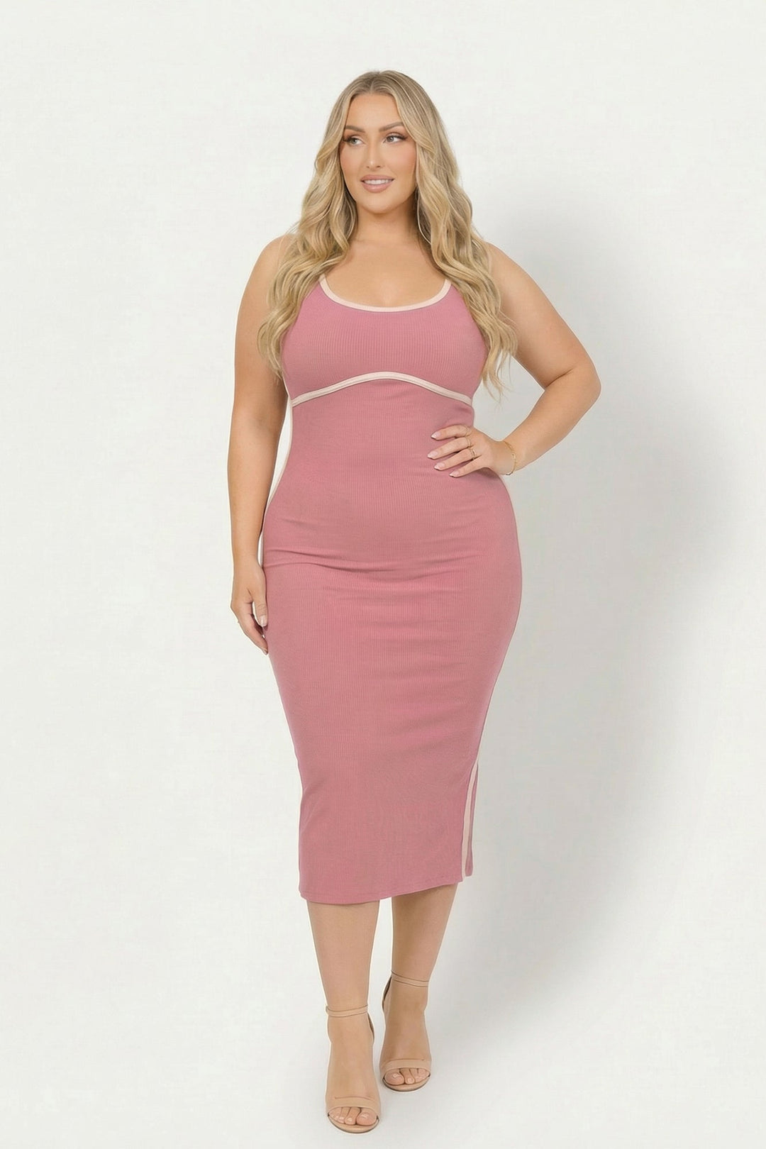 Curvy Sense Inc. Dresses Plus Size Bold Lines Bodycon Dress - Mauve
