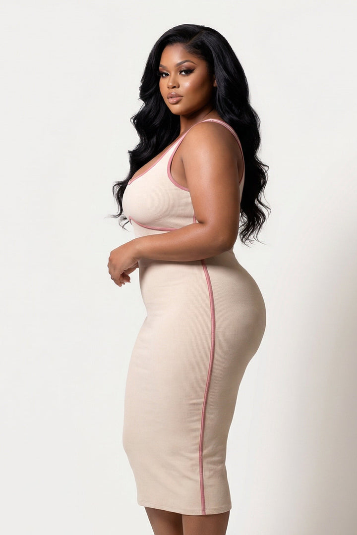 Curvy Sense Inc. Dresses Plus Size Bold Lines Bodycon Dress - Taupe
