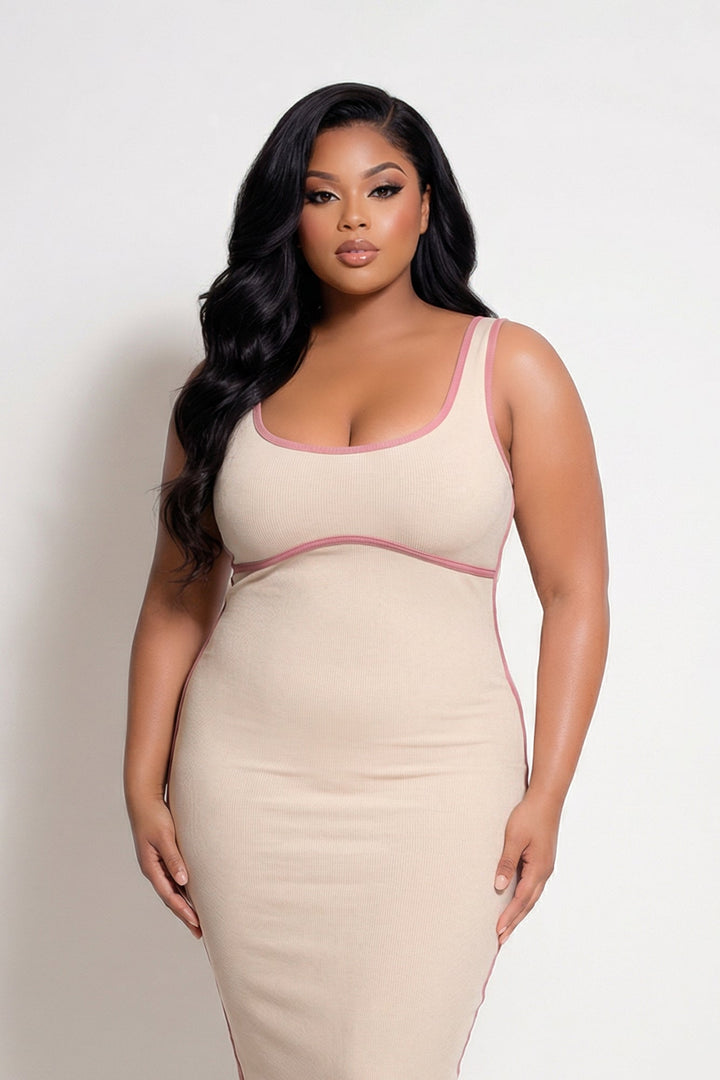 Curvy Sense Inc. Dresses Plus Size Bold Lines Bodycon Dress - Taupe