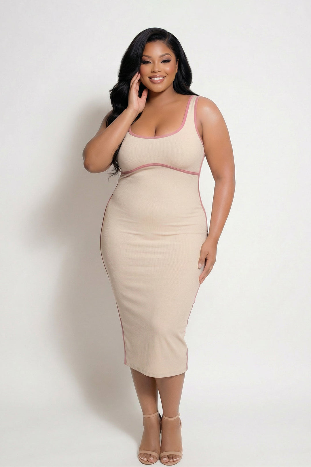 Curvy Sense Inc. Dresses Plus Size Bold Lines Bodycon Dress - Taupe