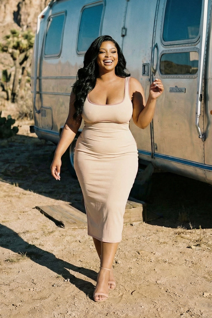 Curvy Sense Inc. Dresses Plus Size Bold Lines Bodycon Dress - Taupe