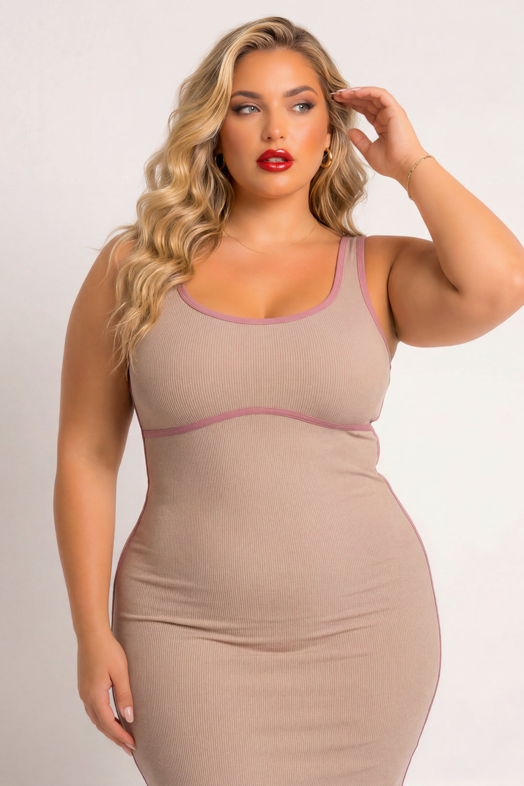 Curvy Sense Inc. Dresses Plus Size Bold Lines Bodycon Dress - Taupe