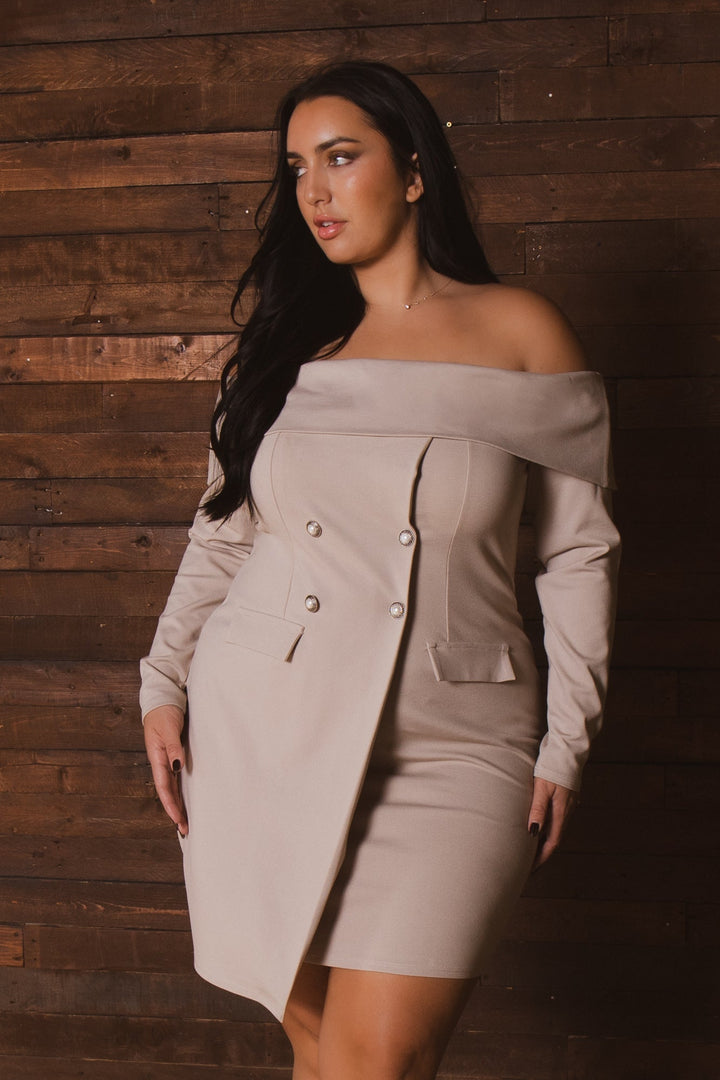 Curvy Sense Inc. Dresses Plus Size Boss Babe Blazer  Dress - Taupe