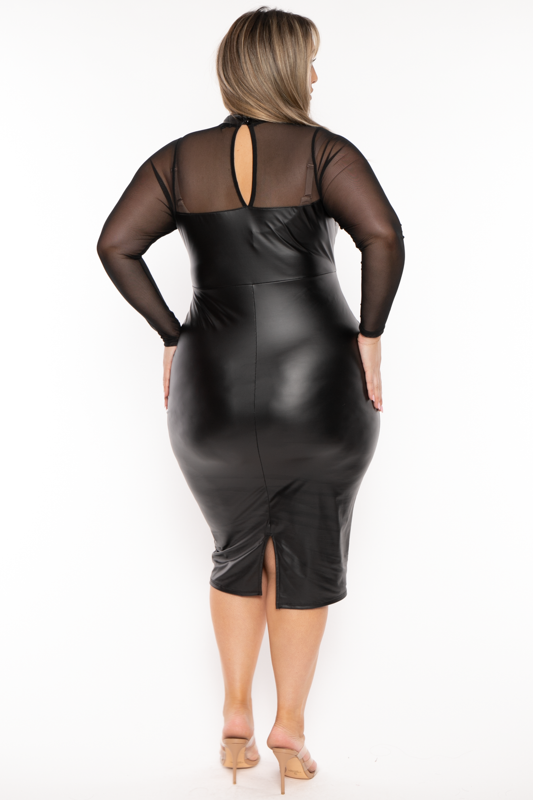 Curvy Sense Dresses Plus Size Carletta  Faux Leather  Midi Dress -Black