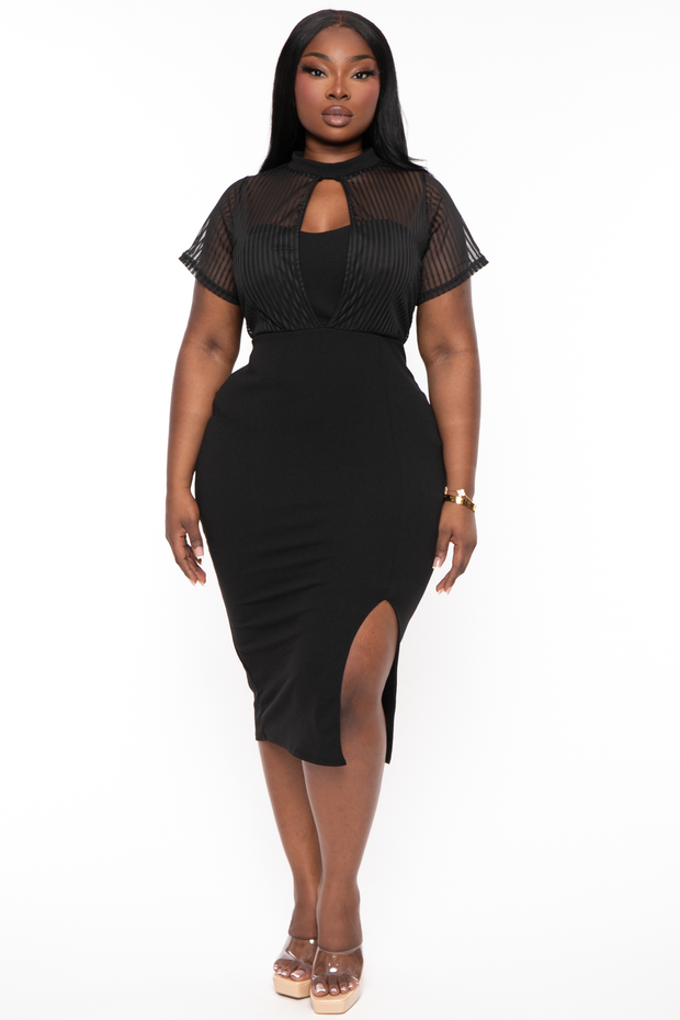 Curvy Sense Dresses 1X / Black Plus Size Ceci Striped Mesh Midi Dress- Black
