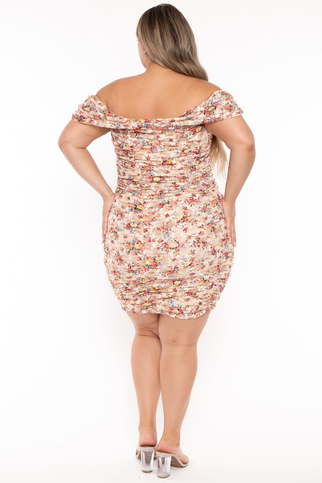 Curvy Sense Dresses Plus Size Celestia Floral  Ruched Dress - Beige