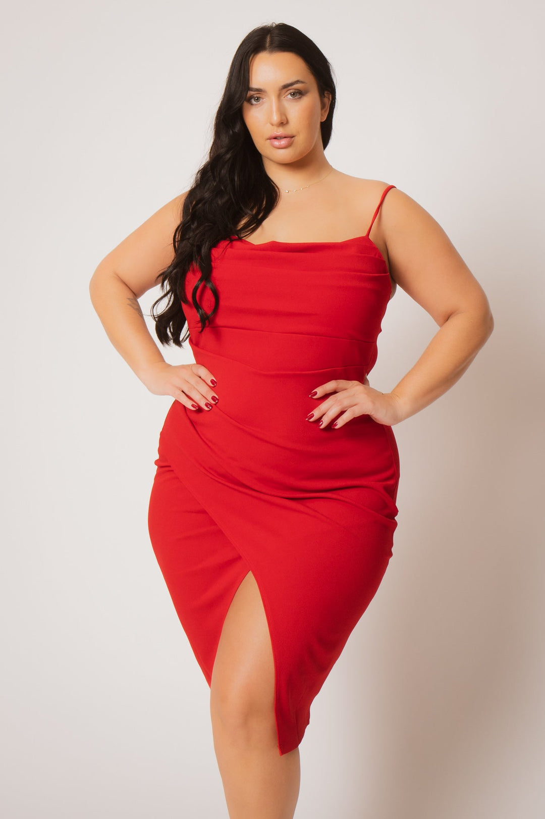 Plus Size Celine Drape Midi Dress - Red 1X / Red at Curvy Sense Plus Size Celine Drape Midi Dress - Red 1X / Red at Curvy Sense