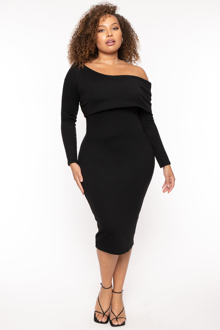 Curvy Sense Dresses Plus Size Cerise One Shoulder Dress- Black