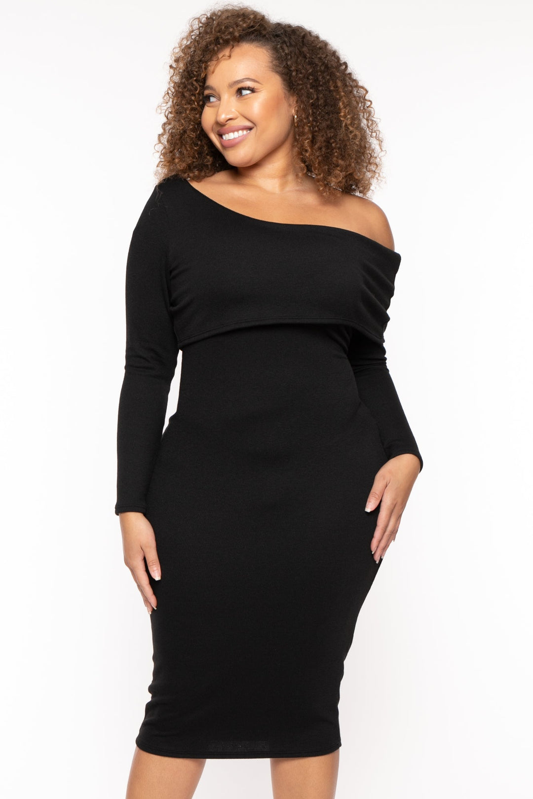 Curvy Sense Dresses 1X / Black Plus Size Cerise One Shoulder Dress- Black