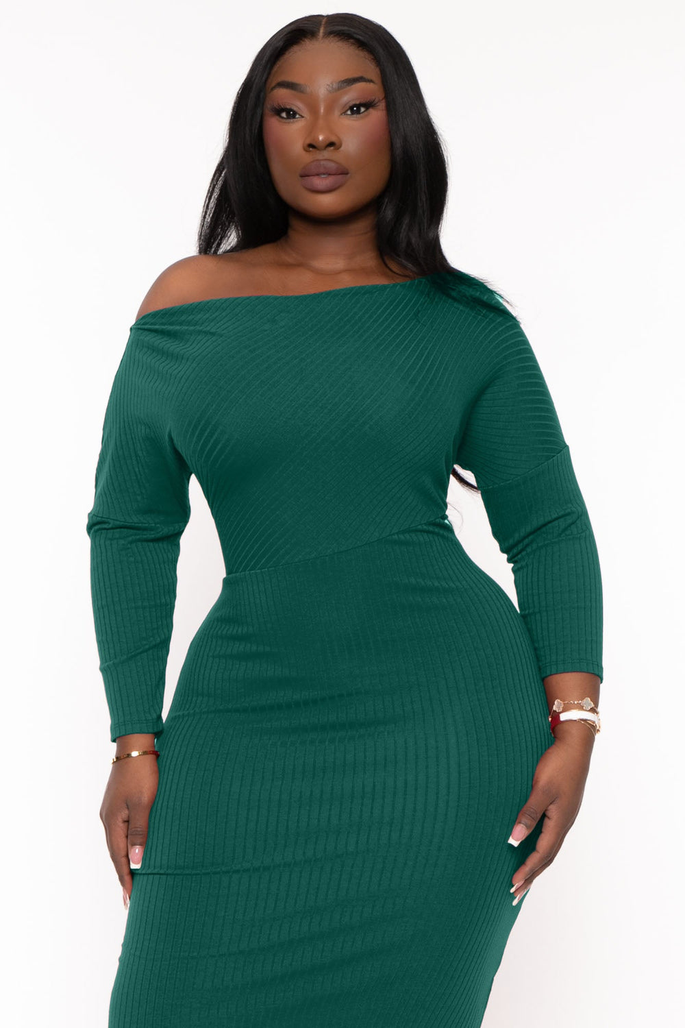 CULTURE CODE Dresses Plus Size Charlene Ribbed  Midi  Dress - Hunter Green
