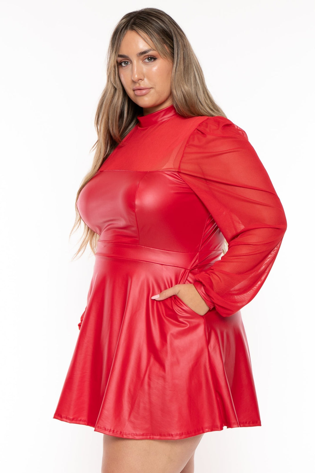 Curvy Sense Dresses Plus Size Charlotte  Faux Leather  Flare Dress -Red