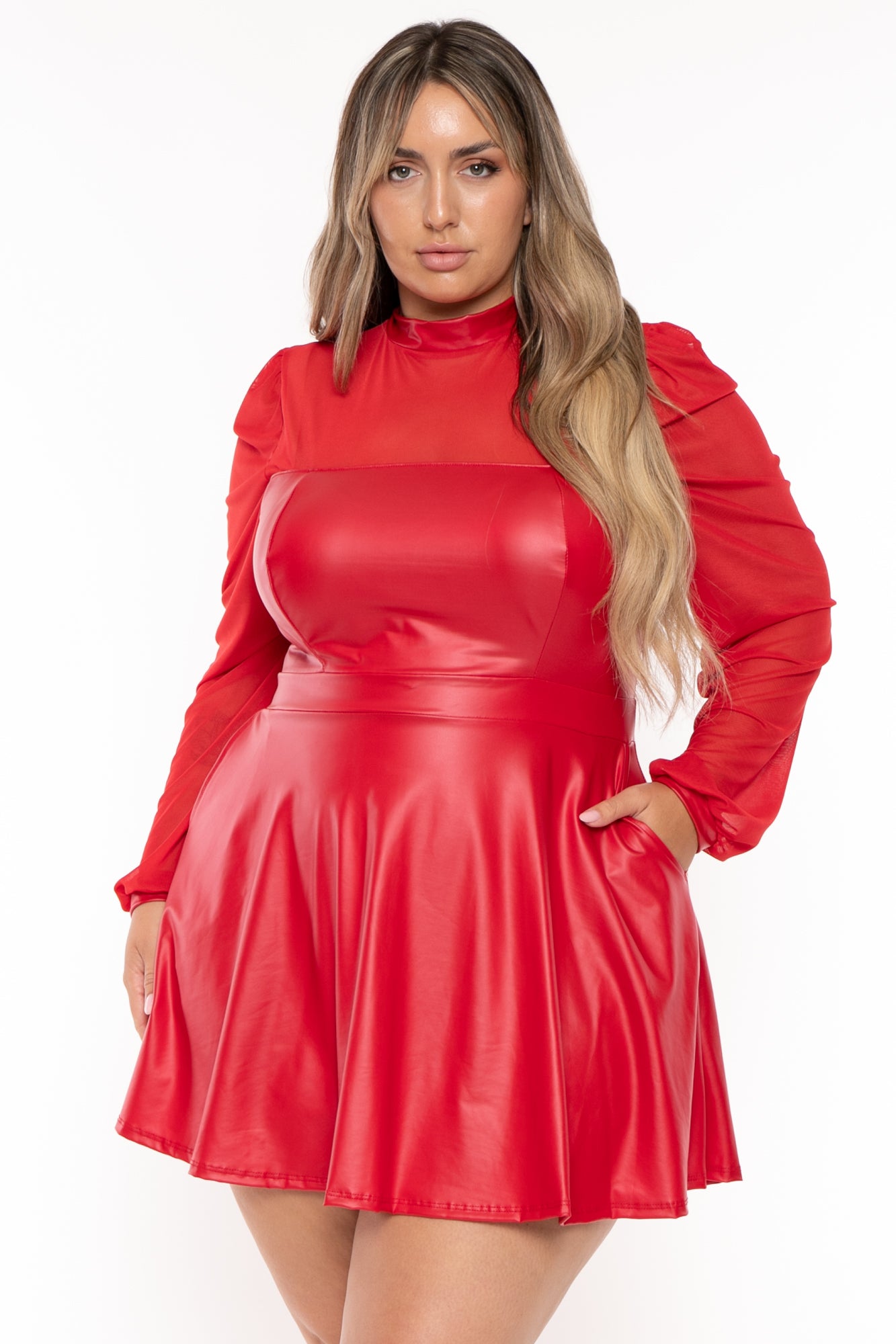 Women's Plus Size Charlotte Faux Leather Flare Dress -Red - Curvy Sense