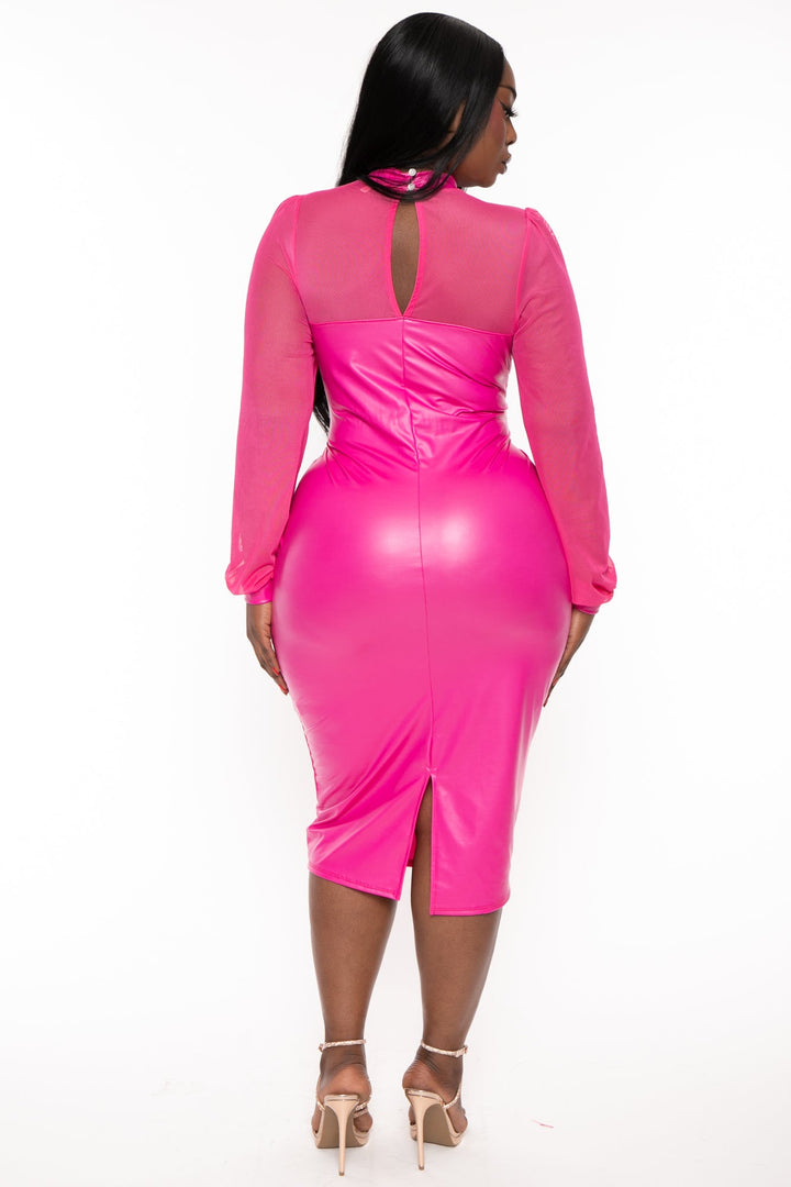 Curvy Sense Dresses Plus Size Charlotte  Faux Leather  Midi Dress -Fuchsia