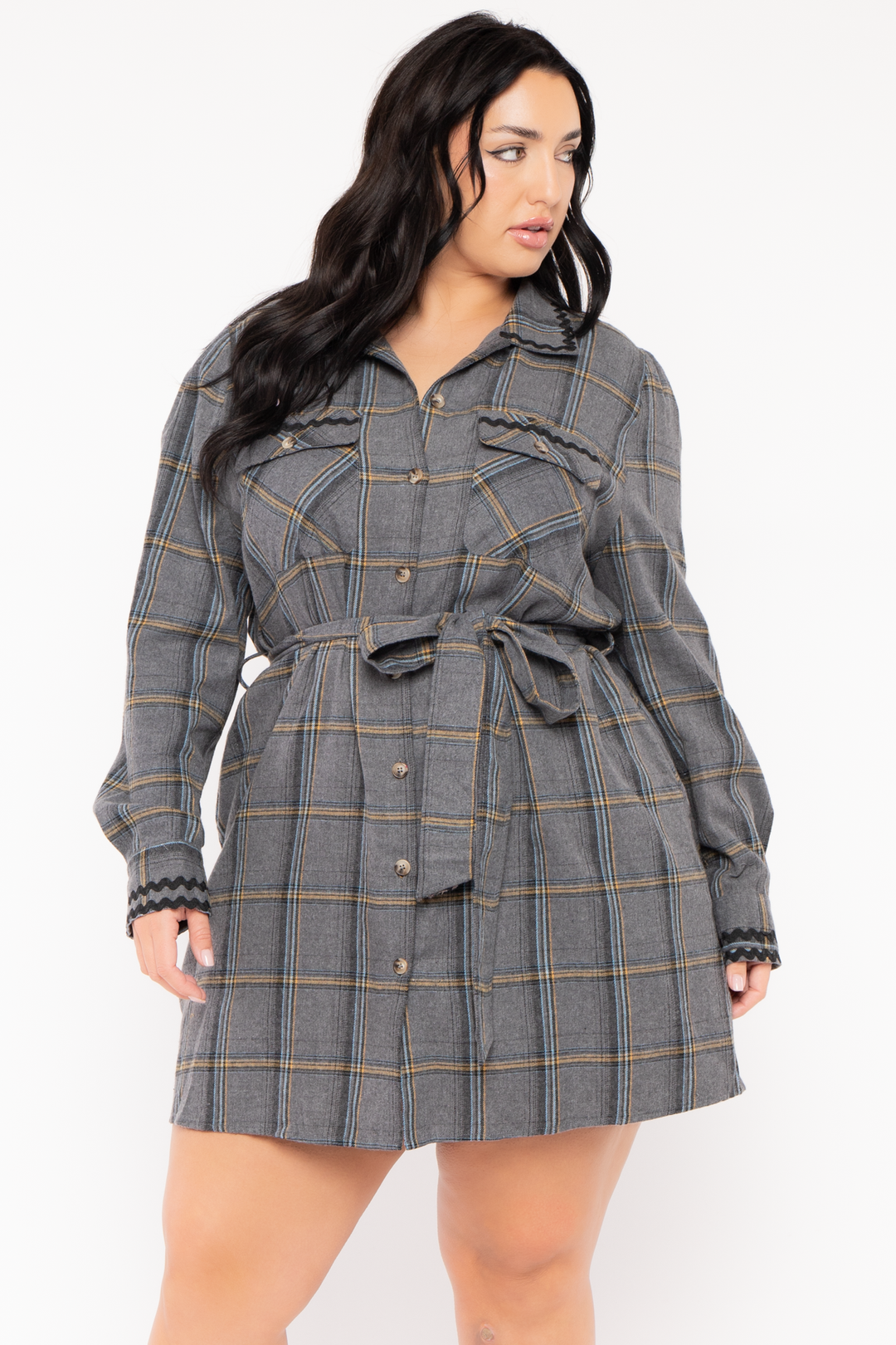 Jade By Jane Dresses Plus Size Charm Plaid Shirt Dress - Charcoal