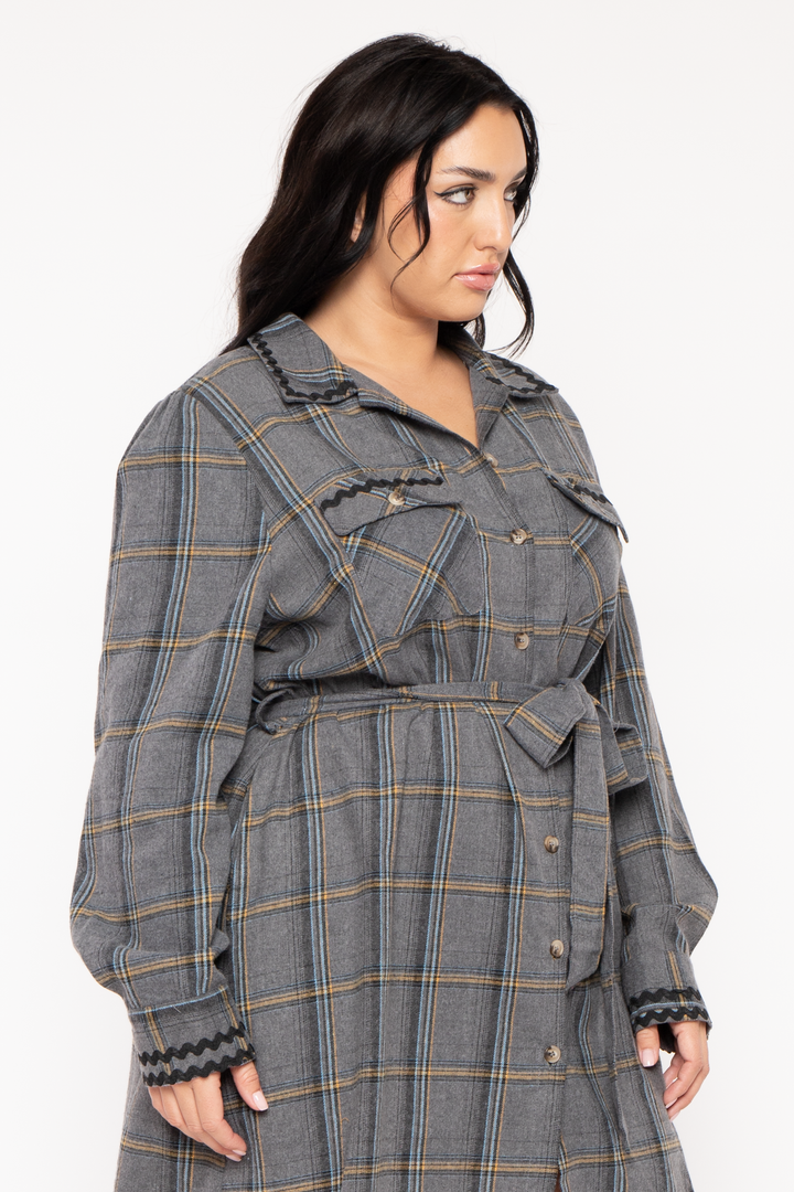 Jade By Jane Dresses Plus Size Charm Plaid Shirt Dress - Charcoal