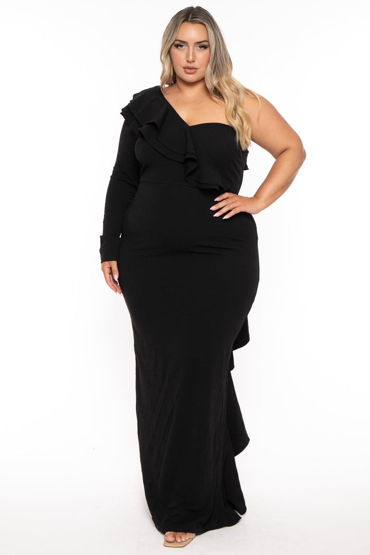 Symphony Dresses 1X / Black Plus Size Chaylin One Shoulder Maxi Gown  Dress- Black