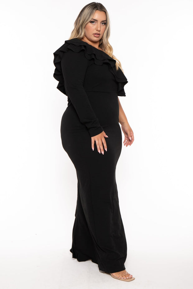 Symphony Dresses Plus Size Chaylin One Shoulder Maxi Gown  Dress- Black