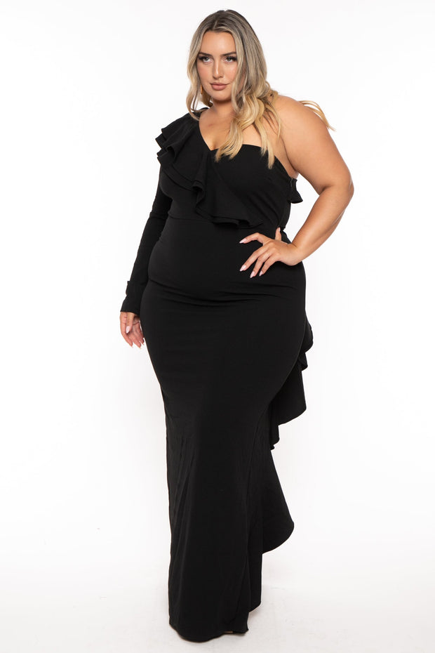 Symphony Dresses Plus Size Chaylin One Shoulder Maxi Gown  Dress- Black