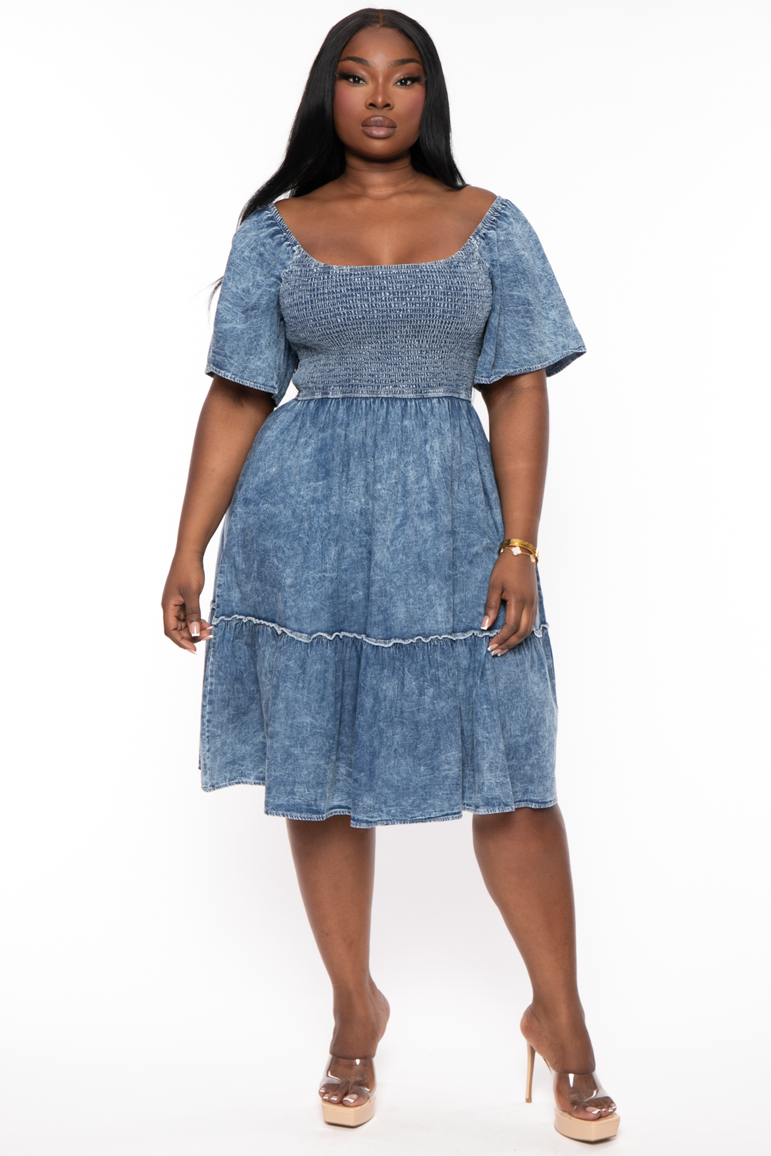 SHOPIN LA Dresses 1X / Blue Plus Size Cheliza Denim Smocked  Dress - Blue