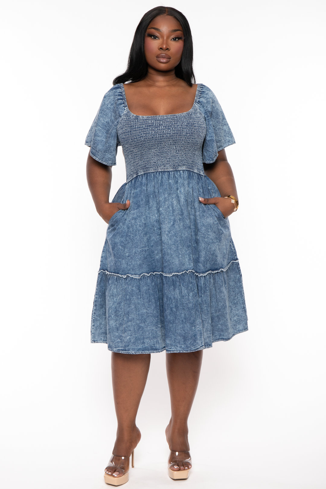 SHOPIN LA Dresses Plus Size Cheliza Denim Smocked  Dress - Blue