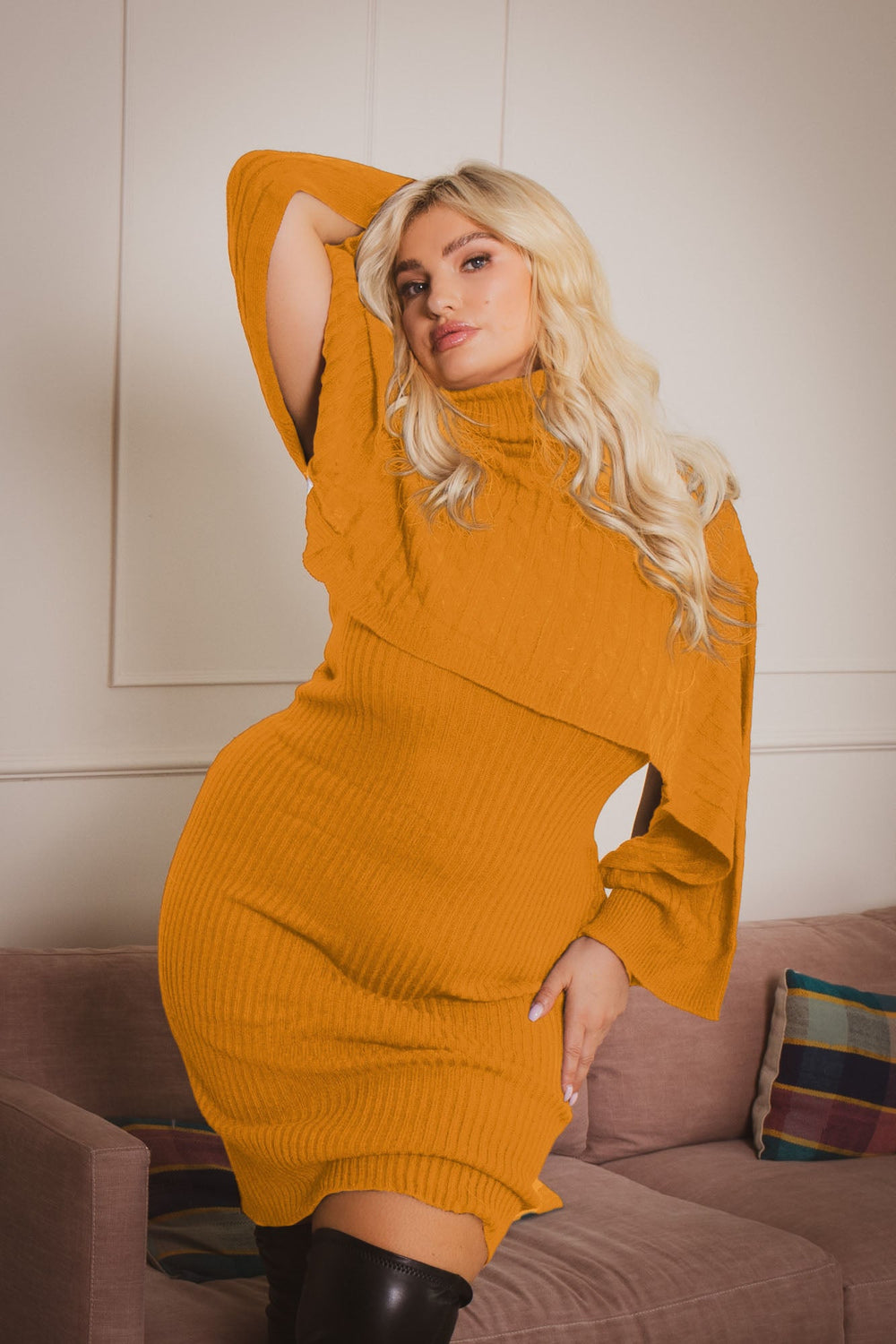 sweaterland Dresses Plus Size Chianne  Sweater Matching Set - Mustard