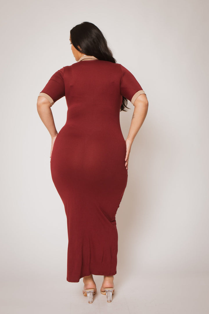 K TOO Dresses Plus Size Chic Contrast Maxi Dress - Burgundy