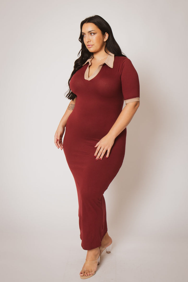 K TOO Dresses Plus Size Chic Contrast Maxi Dress - Burgundy