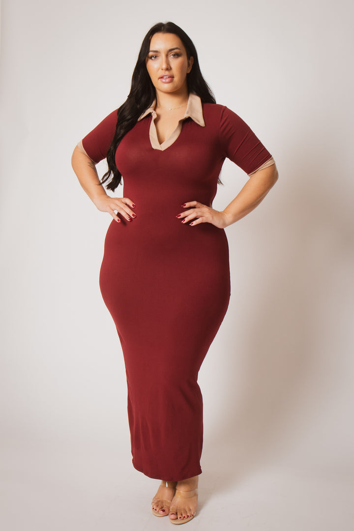 K TOO Dresses Plus Size Chic Contrast Maxi Dress - Burgundy
