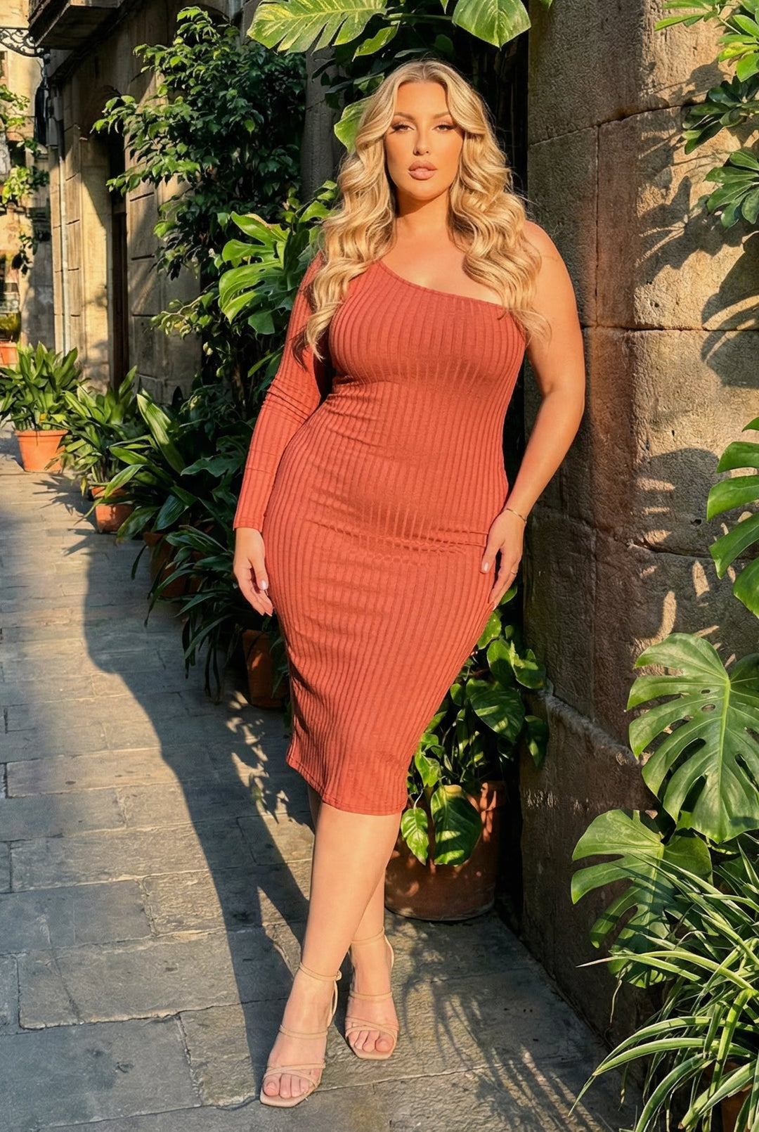 Curvy Sense Inc. Dresses Plus Size Chic Rib Dress - Terracotta