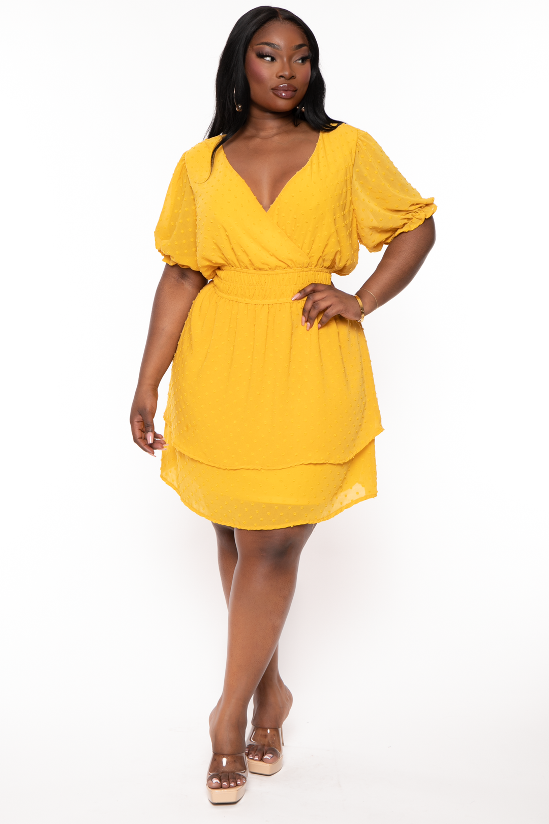 Curvy Sense Dresses Plus Size Chiffon  Swiss Dot Dress - Yellow