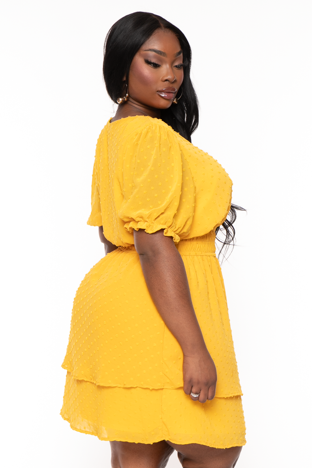 Curvy Sense Dresses Plus Size Chiffon  Swiss Dot Dress - Yellow
