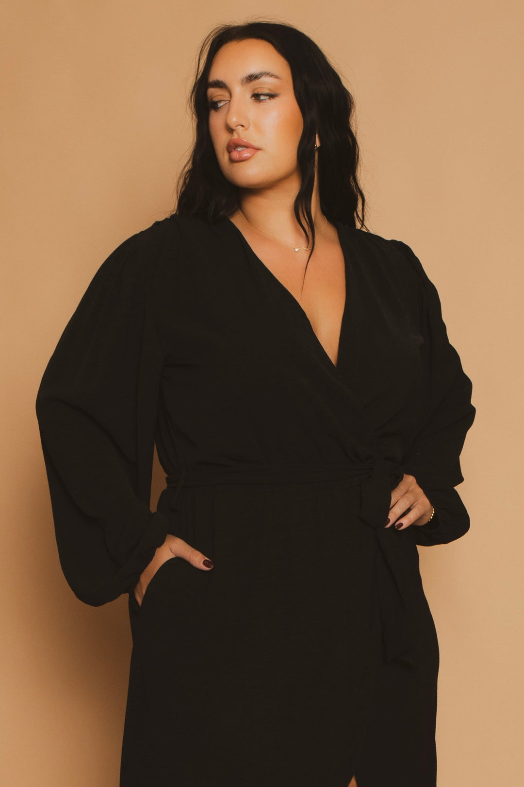 wrap dress black long sleeve Plus Size Classic Wrap Belted Dress