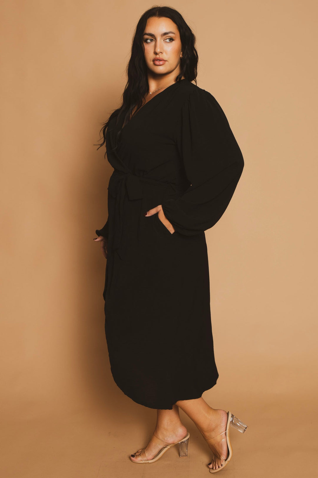 Plus Size Classic Wrap Belted Dress - Black 2X / Black at Curvy Sense Plus Size Classic Wrap Belted Dress - Black 2X / Black at Curvy Sense