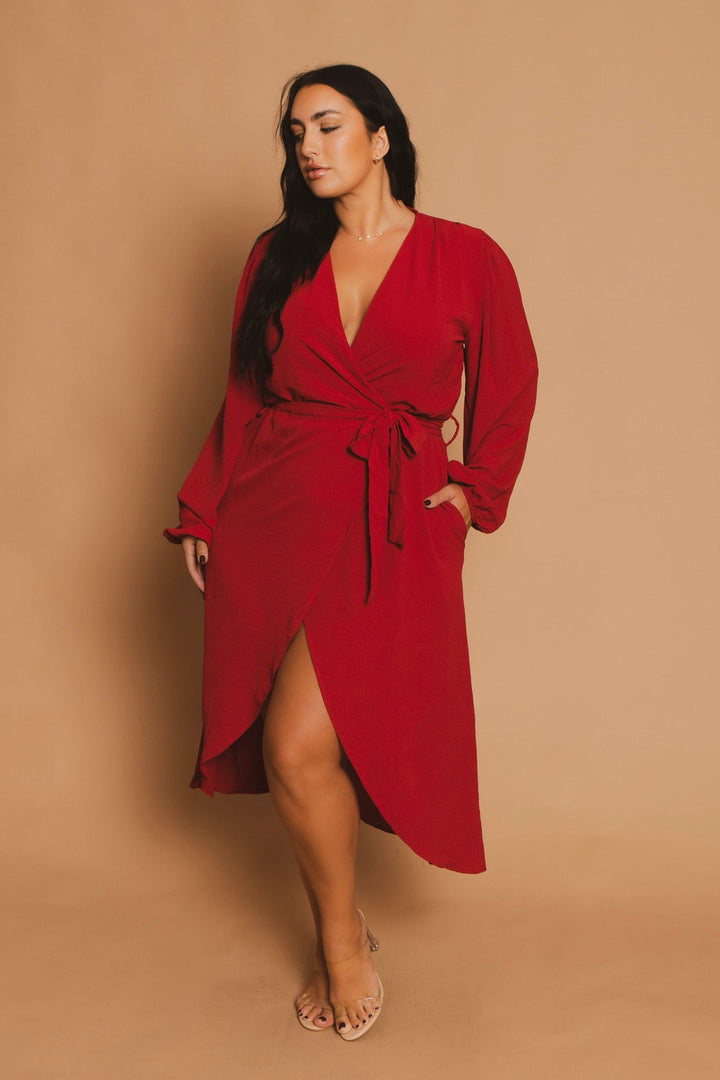 CULTURE CODE Dresses Plus Size Classic Wrap Belted Dress - Burgundy
