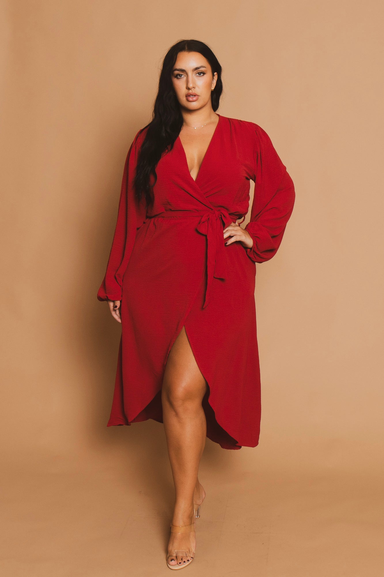 Plus Size Classic Wrap Belted Dress - Red 3X / Red at Curvy Sense Women's Plus Size Classic Wrap Belted Dress - Red - Curvy Sense