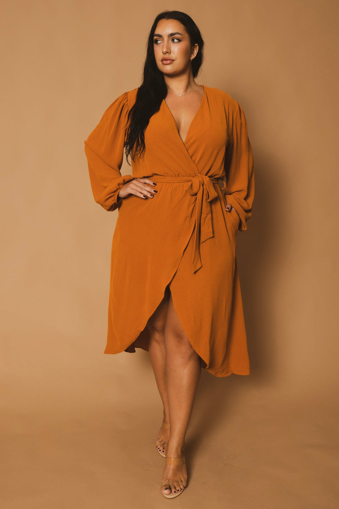 Plus Size Classic Wrap Belted Dress - Rust 3X / Rust at Curvy Sense Plus Size Classic Wrap Belted Dress - Rust 3X / Rust at Curvy Sense