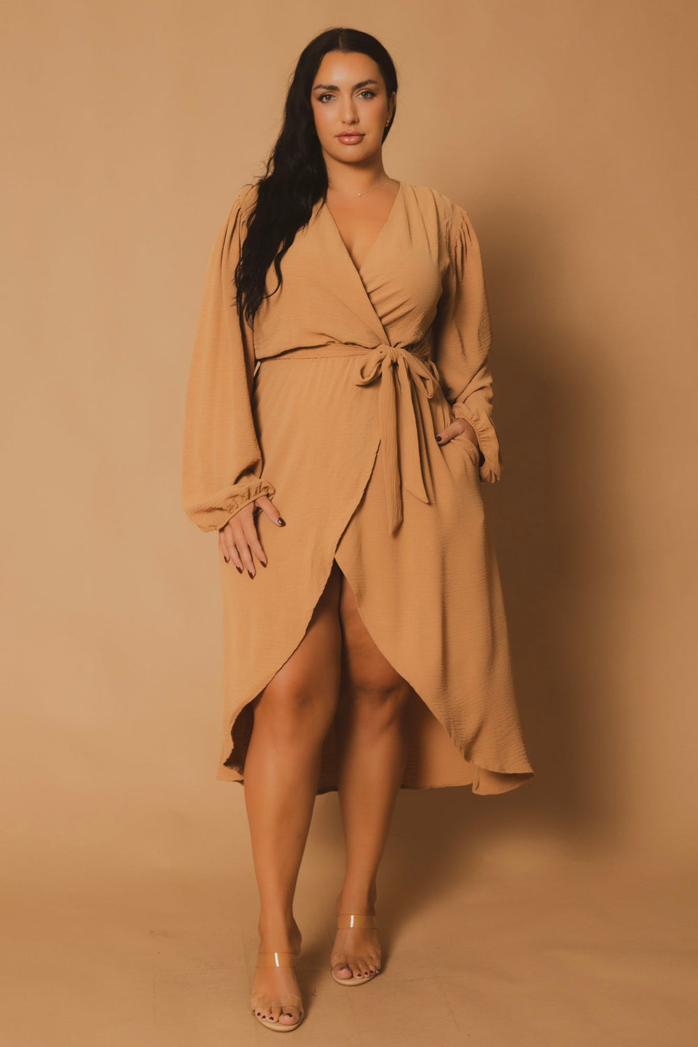 CULTURE CODE Dresses Plus Size Classic Wrap Belted Dress - Taupe