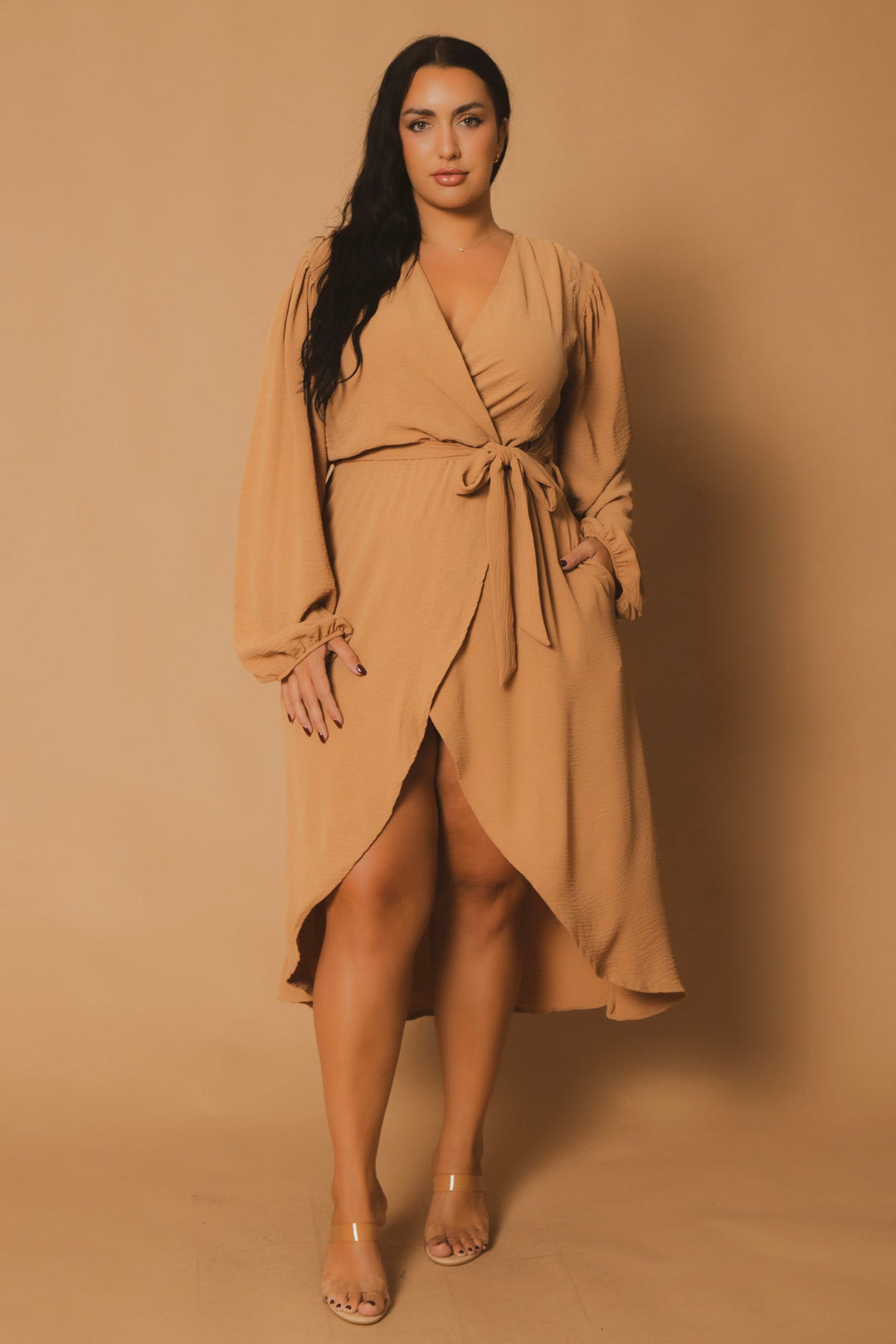 CULTURE CODE Dresses Plus Size Classic Wrap Belted Dress - Taupe