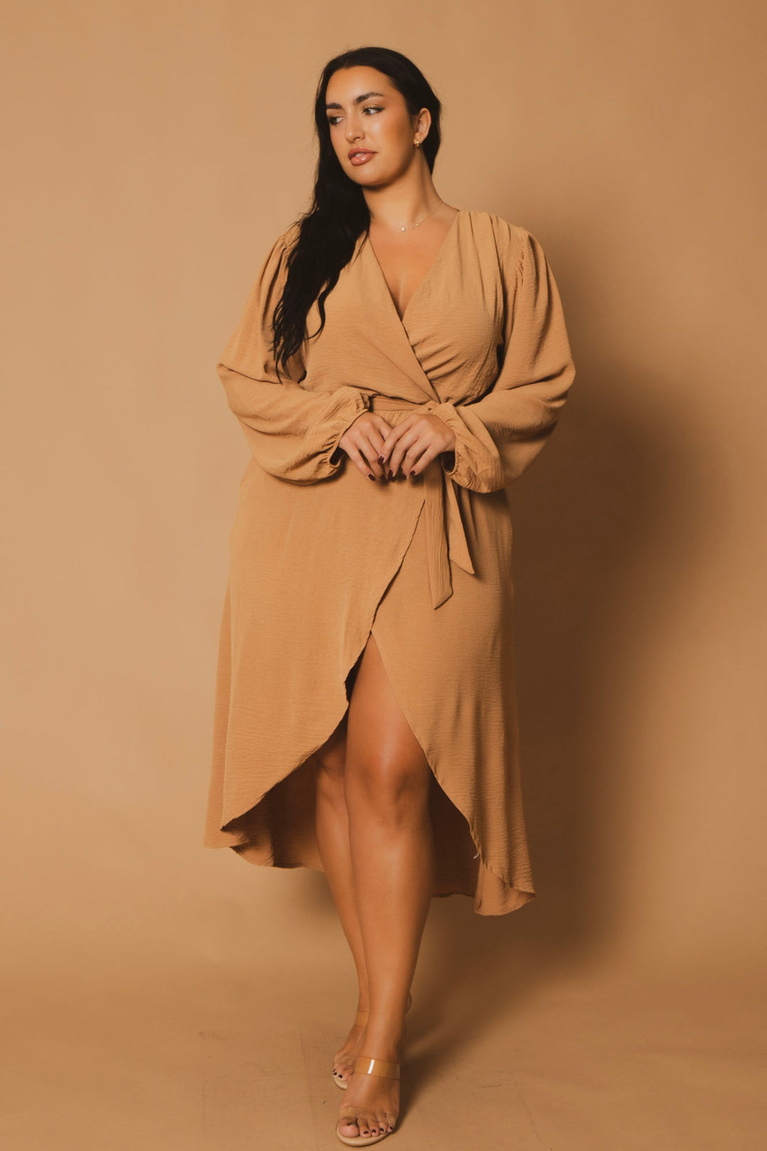 Plus Size Classic Wrap Belted Dress - Taupe 1X / Taupe at Curvy Sense Plus Size Classic Wrap Belted Dress - Taupe 1X / Taupe at Curvy Sense