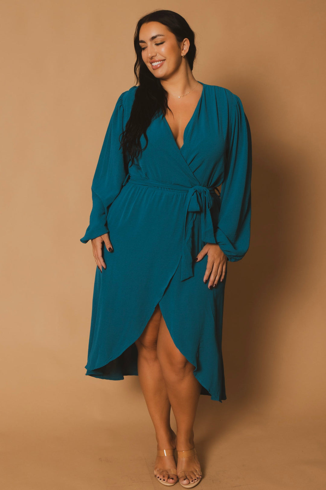 Plus Size Classic Wrap Belted Dress - Teal 2X / Teal at Curvy Sense Plus Size Classic Wrap Belted Dress - Teal 2X / Teal at Curvy Sense