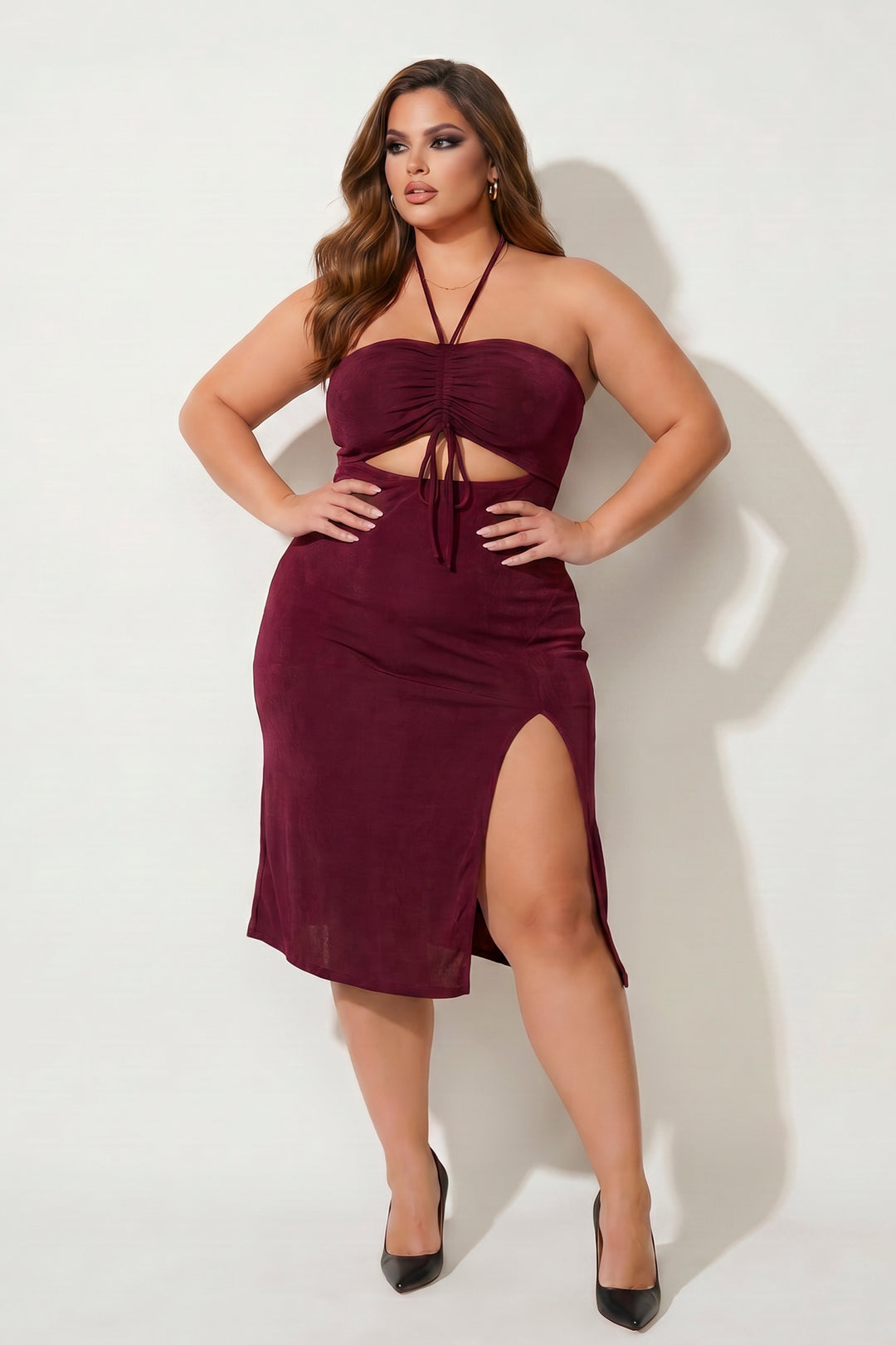 Curvy Sense Inc. Dresses Plus Size Cleo Ruched Ring Dress - Burgundy