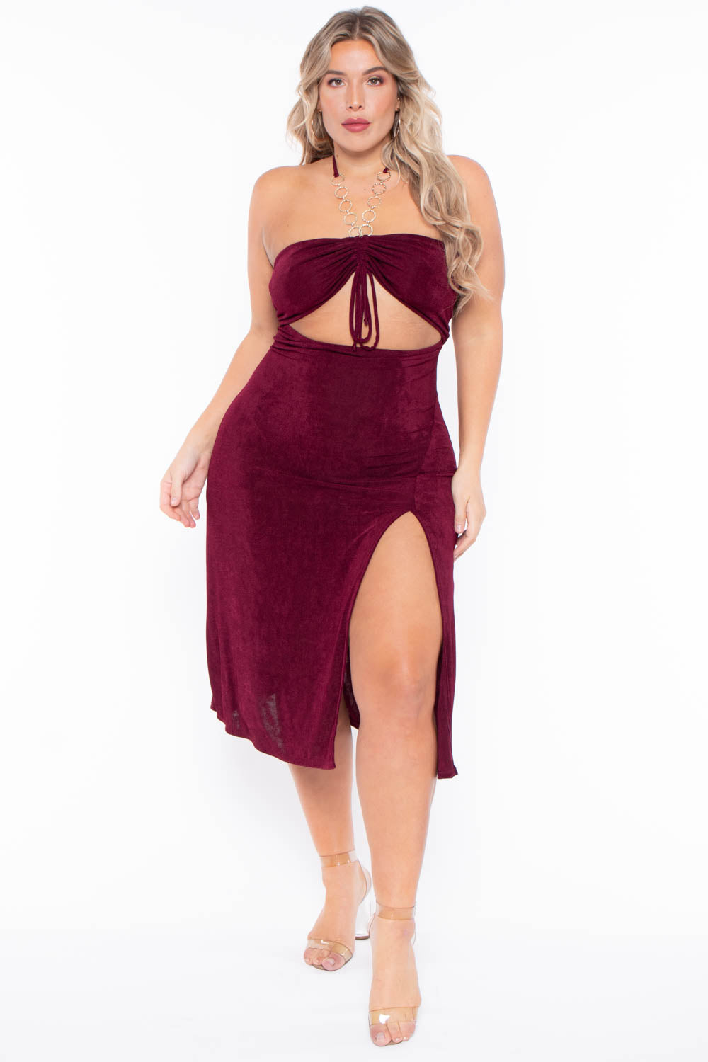 Curvy Sense Dresses 1X / Burgundy Plus Size Cleo Ruched Ring Dress - Burgundy