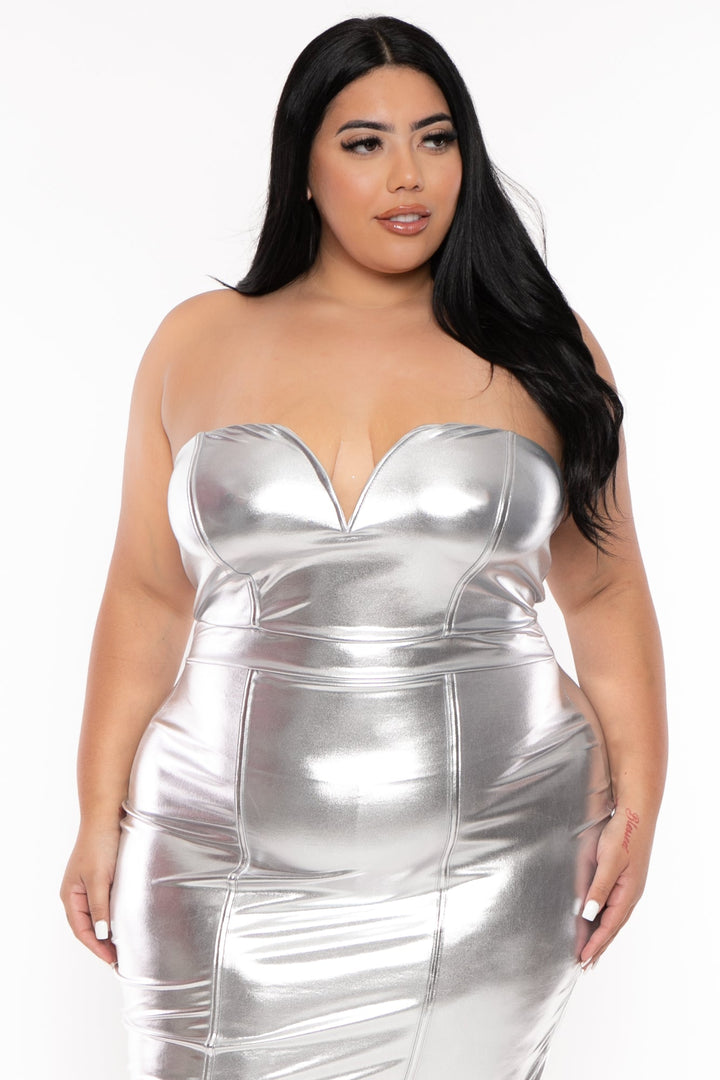 Curvy Sense Dresses Plus Size Cora Metallic Dress - Silver