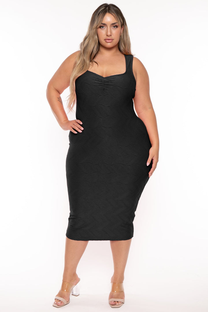 Curvy Sense Dresses Plus Size Coraline  Wavy Tank Midi Dress - Black